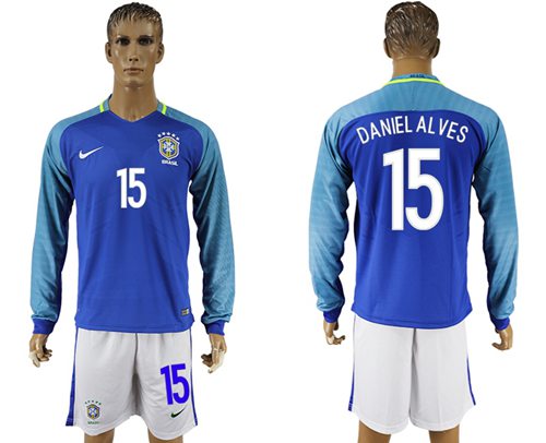 Brazil #15 Daniel Alves Away Long Sleeves Soccer Country Jersey